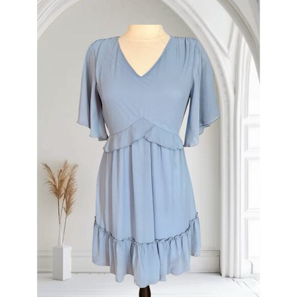 Manydress Ruffled Flutter Sleeve Dress Sz S Lined Crepe Sage Blue Packable Boho - Picture 1 of 7